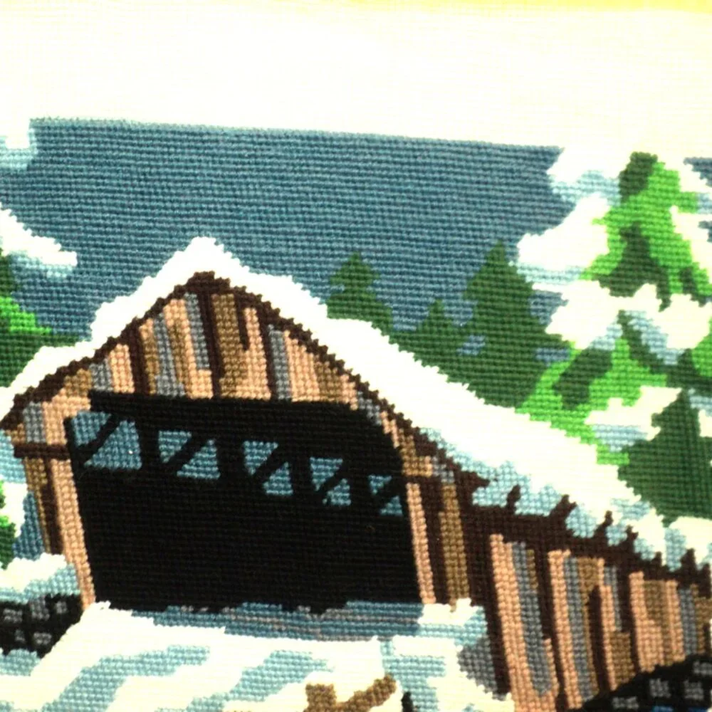 Covered Bridge Needlepoint Completed Picture T00516 Bernat Tapestria England Vtg